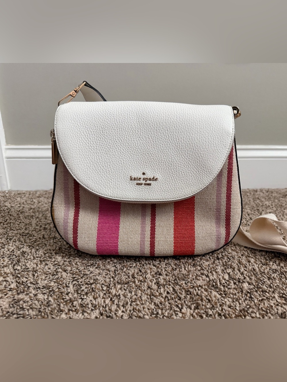 kate spade White, Pink & Red Striped Crossbody Bag
